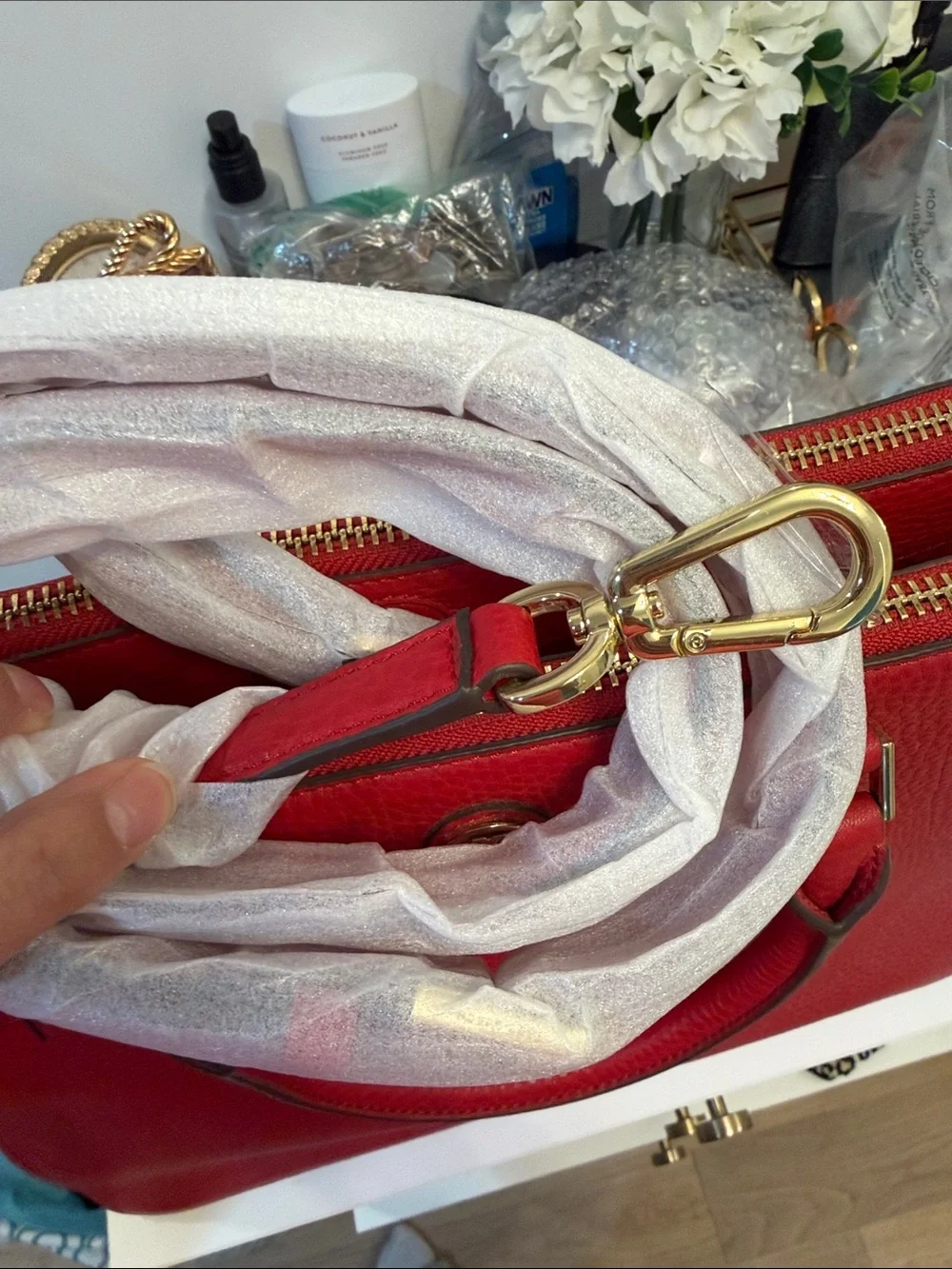 New Tory Burch Red Pebbled Leather Robinson Tote with Top Handles